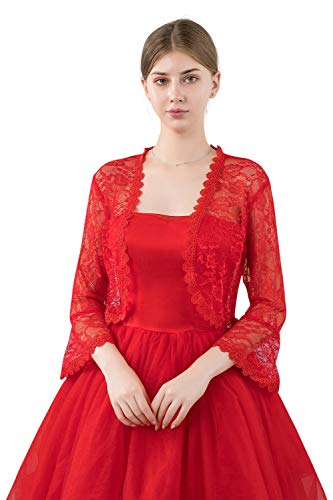 Central Chic Boléro ouvert sur le devant en dentelle pour femmes - Pour mariage, demoiselles d'honneur, robes de soirée S-M, Rouge écarlate, taille unique