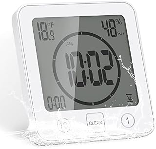 FORNORM Shower Clock Waterproof, Digital Clock Timer Clock with Alarm, Bathroom Clock with Suction Cup, Temperature Humidity Display, 3 Mounting Methods, CountDown Timer, Battery Power, White