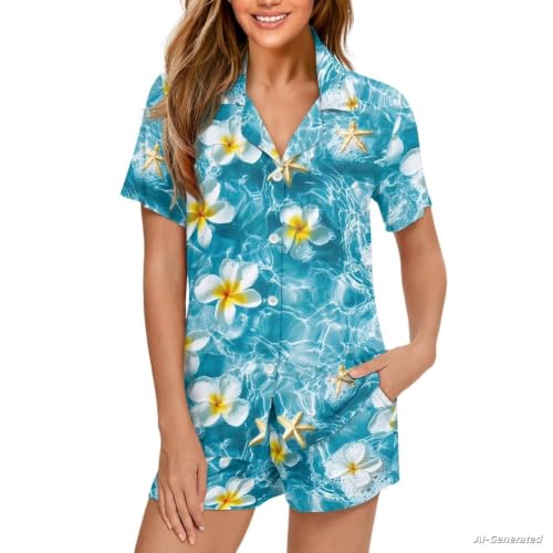 Image of Renewold Women's Short Sleeve Pajama Set Button Down Sleepwear with Notch Collar Soft Lounge Top and Shorts with Pockets