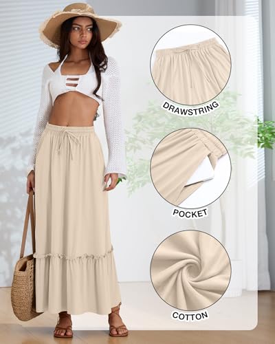 Ficerd 3 Pack Women's Boho Maxi Skirts, Long Tiered Skirt Flowy Ruffle High Waist Drawsting Casual Dress with Pockets3