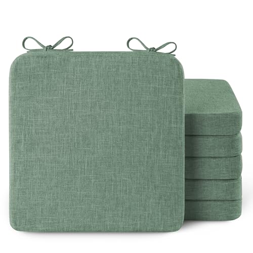 Image of AddGrace Chair Cushions for Dining Chairs 6 Pack 16x16inch Sage Green | Non Slip, Removable Cover with Ties, Textured Fabric, for Kitchen Dining Room Indoor, Hard Wooden Chairs, Family Gathering