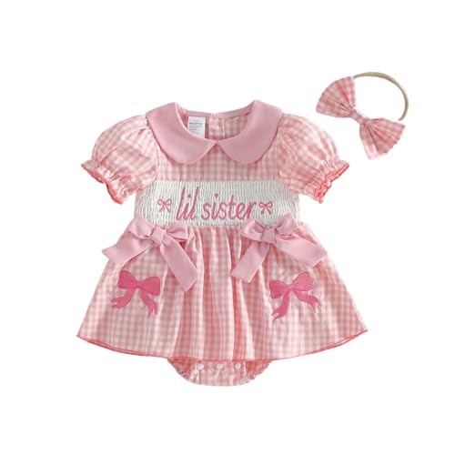 Rourufy Little Sister Newborn Outfit Baby Girl Plaid Bow Onesie Smocked Bubble Romper Dress Infant Spring Summer Clothes (A Lil Sister Bowknot Pink 0-3 Months)