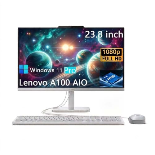 Image of Lenovo A100 All-in-One Desktop Computer, 23.8 Inch IPS FHD Display, Intel N100 Processor, 32 GB RAM, 1 TB SSD, Intel UHD Graphics, Wired Keyboard & Mouse, Windows 11 Pro, White