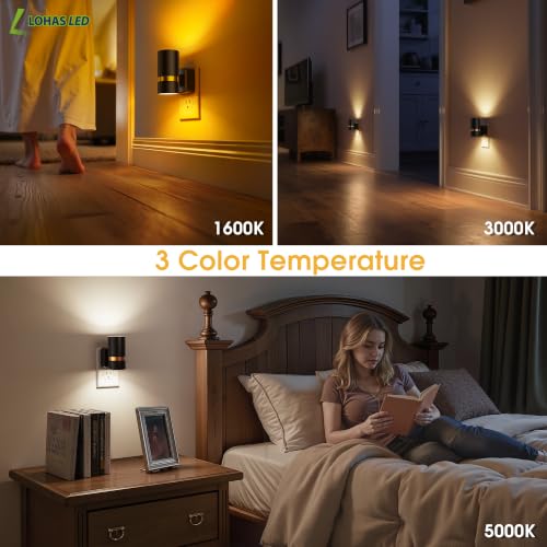 Image of L LOHAS LED Night Lights Plug into Wall 3CCT 2 Pack | Amber /3000k /5000K Color Change Night Light with Dusk to Dawn Sensor, 5 Level Dimmable, Plug in Night Light Black Housing