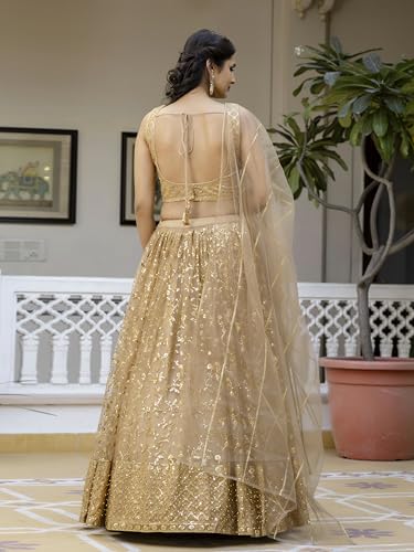 TRENDMALLS Women's Net Embroidery Sequence Work Wedding Lehenga Choli Unstitch Blouse with Dupatta