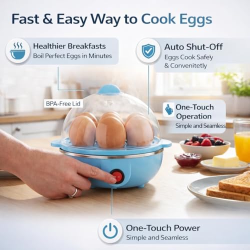 Image of Smart Deal Hub Electric Egg Boiler, 7 Egg Capacity, One-Touch Operation, Stainless Steel Heating Plate, Transparent Lid, Blue, Compact Kitchen Appliance