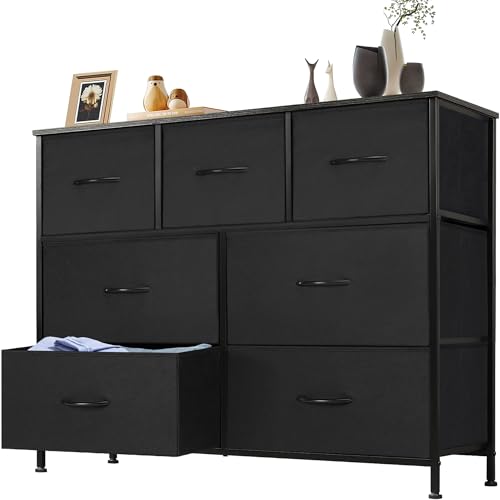 DUMOS Kommode für Schlafzimmer mit 7 Stoffschubladen, hohe Kommode Organizer für Kleidung, Schrank Kinderzimmer, Aufbewahrungsturm mit Schrank, Metallrahmen, Holzplatte, leichte Kinderzimmermöbel