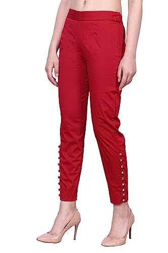 Image of POPWINGS Women Casual Mid Rise Stretchable Red Cotton Trouser