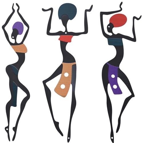 XIAOMAGG Lot De 3 Métal Tableau Decoration Murale,Fille Africaine Danse Ethnique Sculpture Murale,Pour Salon, Couloir, Triptyque Mural Maximaliste(Femme Noire)