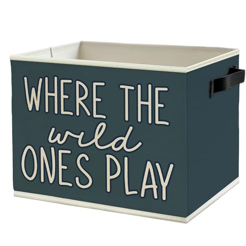 Image of Olive Blue Boho Classroom Storage Bins Box with Handles, Where the Wild Ones Play Collapsible Basket Organizer for Kids Playroom Nursery Bedroom Bathroom Books Clothes