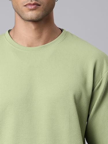 Image of Men's Stylish Round Neck Textured 3 /4th Sleeve Oversized T-Shirt (Pista Green)