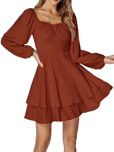 LYANER Women's Lantern Long Sleeve Wrap Tie Back Square Neck Double Layer Ruffle Hem A Line Short Mini Dress Burnt Orange Medium