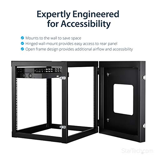 Image of StarTech.com 4-Post 12U Hinged Wall-Mount Network Rack, 19 inch Open Frame Server Rack with 19.8in Mounting Depth, Wall Mount Swing Out Data Rack for IT / AV / Computer Equipment, TAA (RK1219WALLOH) | Swing-out hinged frame, SPCC cold-rolled steel, Ships fully assembled, Cage nuts, 19.8in /50.2cm depth