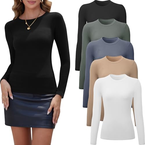 5 Pack Long Sleeve Tops for Women Stretchy Fitted Long Sleeve Shirt Women Crew Neck Basic Tops for Woman Tops