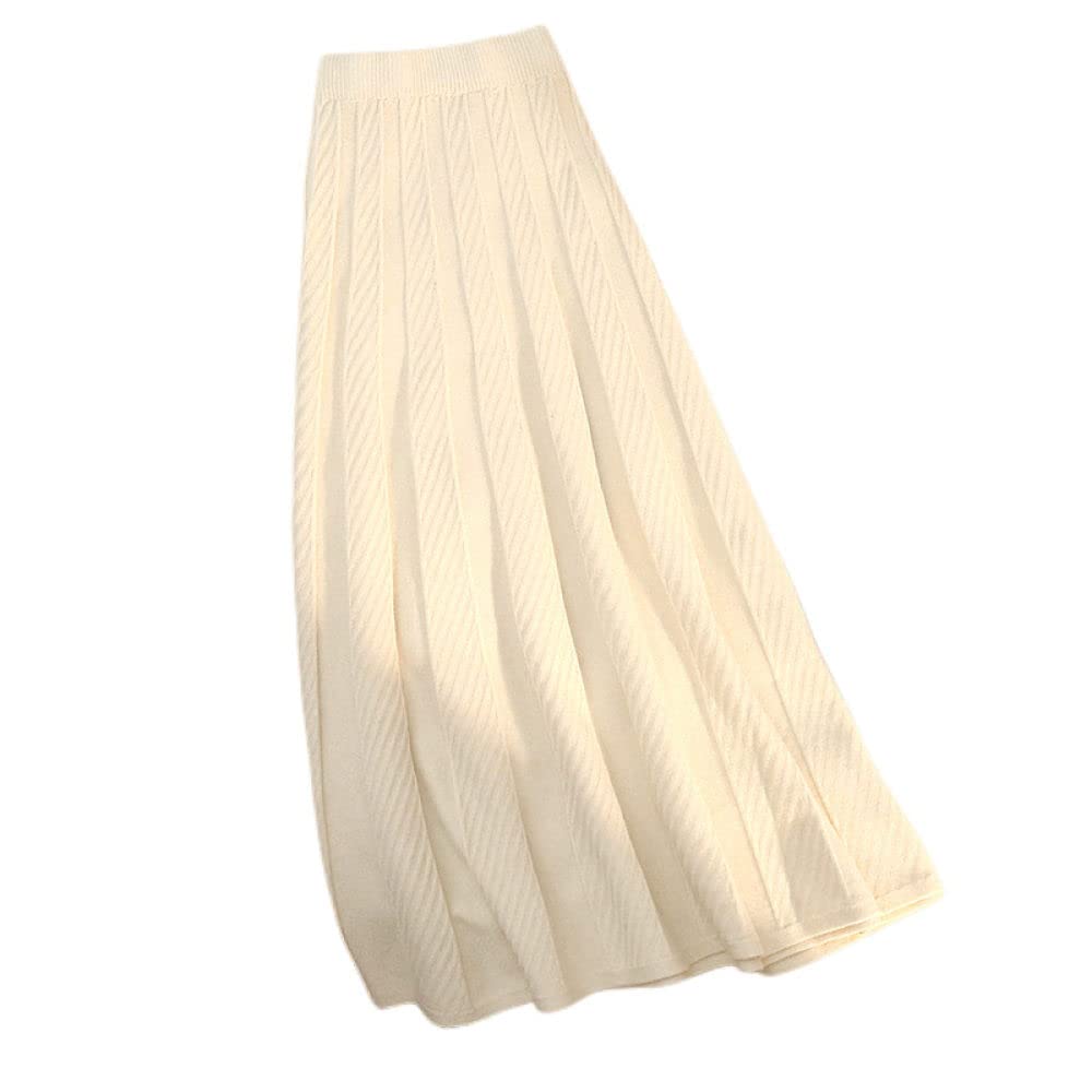 OZEO Röcke Für Damen,Damen-Midirock, Beige, Elastisch, Hohe Taille, Jacquard-Strick, Faltenrock, Einfarbig, A-Linie, Gerafft, Elegant, Herbst-Winter, Lange Röcke Für Mädchen, Damen,L
