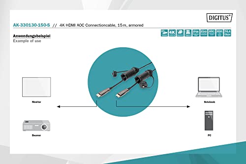 Digitus HDMI AOC Hybrid fibre optic cable, 15m, HDMI 2.0-4k/60Hz, armoured protective sleeve, IP68 - Image 3