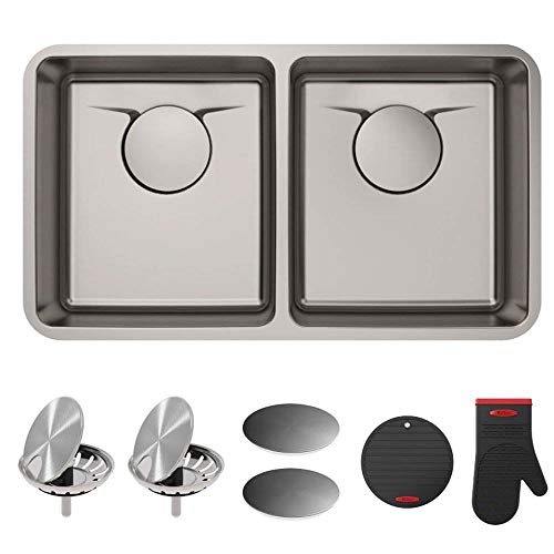 KRAUS Dex 33-Inch Undermount 50/50 Double Bowl TRU16 Gauge Stainless Steel Kitchen Sink with DrainAssure WaterWay and VersiDrain Assembly in Radiant Pearl Finish, KD1UD33B