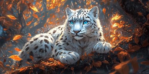 5D Diamond Painting Léopard Blanc 100x200cm | Kit d'Art Complet Toile Ronde par Numéros