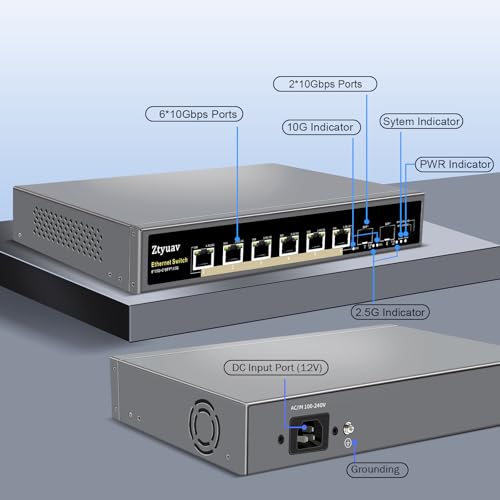 Image of 8 Port Unmanaged 10Gbe Ethernet Switch with 6 x 10Gb RJ-45 Ports, 2 x 10Gb SFP+ Ports, Ports Speed Auto-Negotiation-1000M /2.5G /10G, One-Key VLAN, Build in Cooling Fan & Metal Shell, Plug & Play