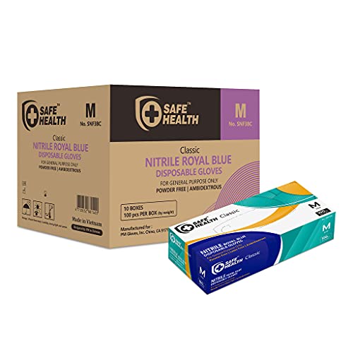 Safe Health Nitrile Disposable Gloves, Latex Free, Powder Free, Blue, Box of 100, Medium, Textured, 3.5 mil, Industrial, Food, Janitorial, Tattoo, Law Enforcement, Pet Care, Servoce, Cleaning