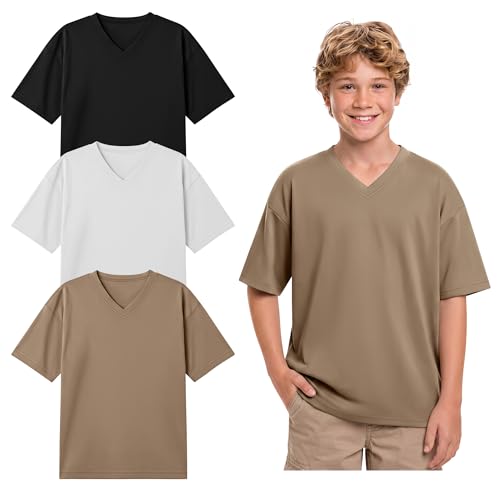 YooAurvox 3 Pack Boys Oversized V Neck T-Shirts 5-14Y Kids Short Sleeve Drop Shoulder Tops Casual Basic Shirts Summer Tees(Khaki, White, Black,9-10 Years)