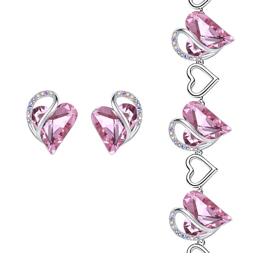 Leafael Infinity Love Heart Stud Earrings and Bracelet for Women, October Birthstone Crystal Jewelry, Silver Tone Gifts for Women, Rose Quartz Pink