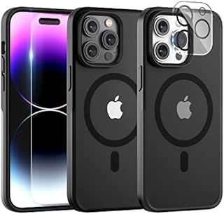 TAURI [5 in 1 Magnetic Case for iPhone 14 Pro Max [Military Grade Protection], 2 Tempered Screen Protector+2 Camera Lens Protector, [Compatible with MagSafe] Translucent Matte Slim Cover 6.7"-Black