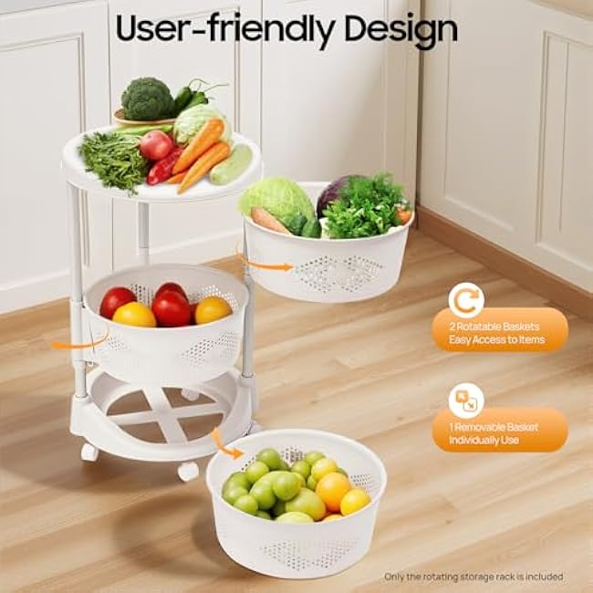 3-Tier Rotating Fruit Basket,Height Adjusted Storage Rack Cart with Brakes,White Round Basket Organizer on Wheels for Kitchens, Bathrooms, Balconies, Offices-LP0300M1