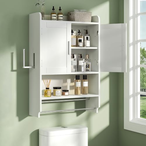 VECELO Wall Mounted Bathroom Cabinet with Towel Bar, 2 Door Medicine Cabinet with Adjustable Shelves, Over Toilet Storage for Laundry Room and Kitchen, White