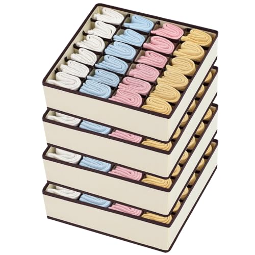 Easortm Sock Organizer 4 Pack, Large Sock Drawer Divider, Underwear Storage 24 Cell Closet Organizers and Storage for Wardrobes, Drawers. (Beige)
