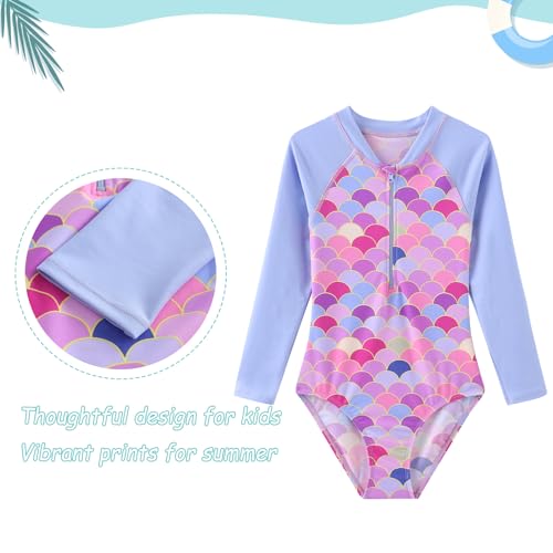 Image of Girls One Piece Rash Guard Long Sleeve Swimsuits for Girls UPF 50+ Sun Protection Bathing Suits 3-16 Years