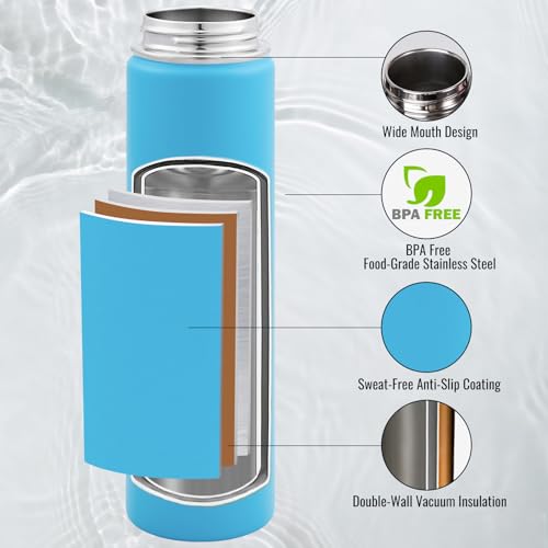 Image of Fijinhom Insulated Water Bottle with Handle, 304 Stainless Steel Water Bottles with Wide Mouth, Double Wall Vacuum Sports Water Bottle, BPA Free, Keep Cold and Hot, 24 Ounces, Monster Blue