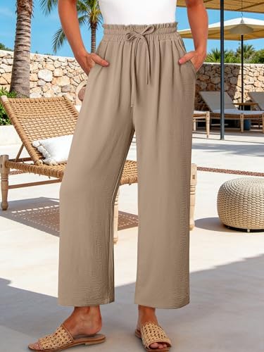 CRAZY GRID Womens High Waisted Palazzo Pants Summer Beach Flowy Wide Leg Trousers Loose Lounge Plus Size Resort Pants with Pockets 2XL Khaki — view 2