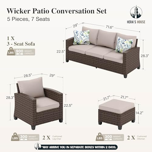 HERA'S HOUSE Patio Furniture Set, 5 Pieces Outdoor Wicker Furniture, All Weather Rattan Patio Conversation Set, Deep Seating Outdoor Sofa Sets for Lawn Deck Backyard, Brown/Beige - Image 3