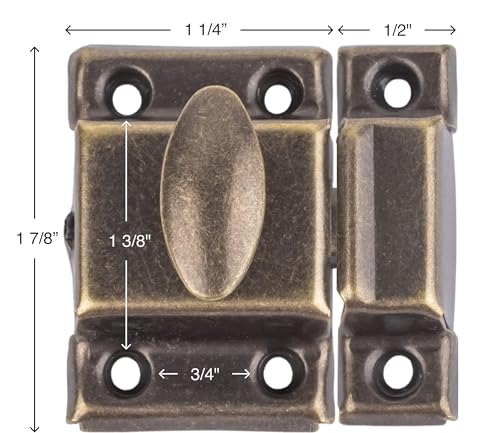 Small Stamped Antique Brass Cabinet Door Latch - 1 7/8" × 1 7/8" - Spring Loaded Cupboard Door Latch with Oval Turn - Vintage Cabinet Hardware | UA-141-LAB (1)
