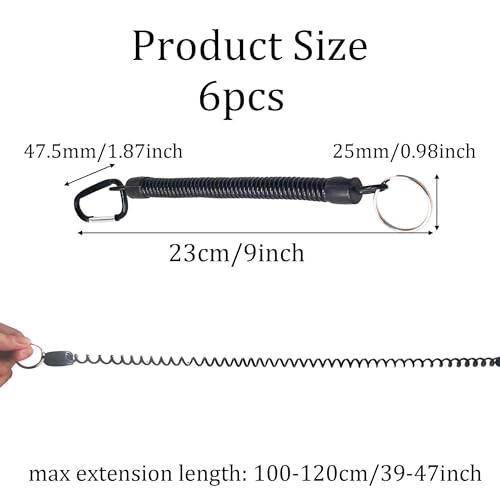 pson 6Pcs Coiled Fishing Lanyard with Carabiner, Retractable Safety Tether for Pliers, Fishing Tools, Boating, Kayak, and Tackle Accessories(Black)