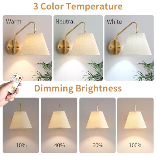 Image of Gold Wireless Wall Sconces Set of Two, Swing Arm Battery Wall Sconce, Battery Operated Wall Sconce with Remote, Battery Sconces with Linen Lampshade, Rechargeable Wall Lights for Living Room