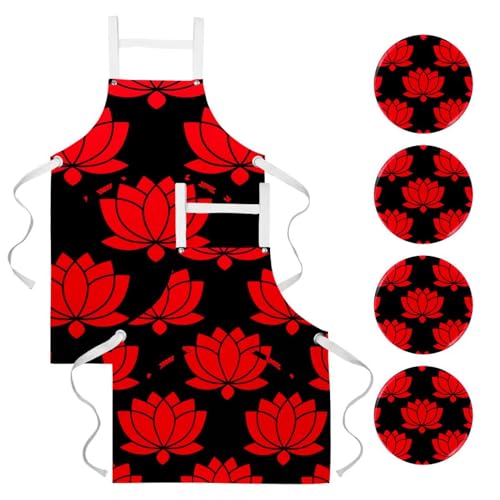Tablier de cuisine lot de 2 avec motif lotus rouge et quatre broches de bar