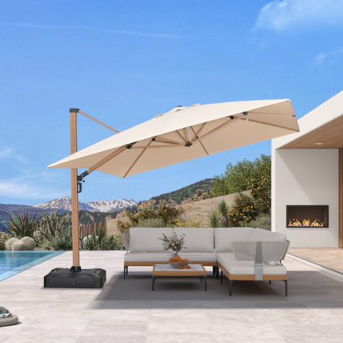 Image of PURPLE LEAF Outdoor Umbrella 11FT Square 360 Rotation, Wood Grain, Beige