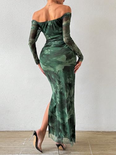Image of LIGHT DOT Women's Printed Off Shoulder Maxi Dress Long Sleeve Bodycon Ruched Mesh Cocktail Dress