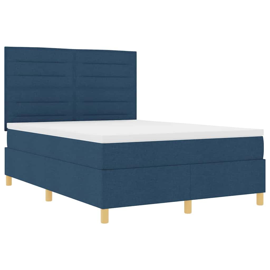 Cama con somier de 140 x 200 cm, tejido azul, con cabecero, colchón de muelles ensacados, madera maciza de pino, diseño moderno de dormitorio para parejas