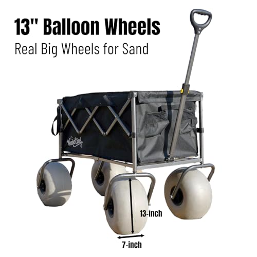 Beach Wagon with Big Wheels for Sand, 13'' Balloon Wheel, Collapsible Cart with All Terrain Inflatable Tires (Black, 185L)