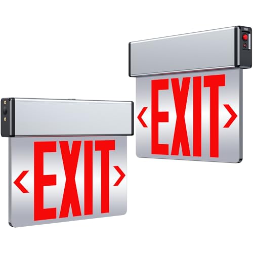 LED Edge Lit Aluminum Housing AC 120-347V Emergency Exit Light with Battery Backup Double Sided Acrylic Mirrored Panel Commercial Exit Signs, Top/Side/Wall Mount, UL Certified (Red, 2 Pack)