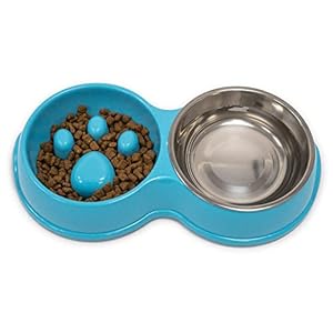 Fur & Bone Double Slow Feeder Dog Bowl | Raised Dog Bowl with Non-Slip Bottom | Cat Food Bowl, Dog Bowls | Dog Water Bowl, Cat Bowls, Stainless Steel Bowl | Detachable Raised Cat Bowl (Blue)
