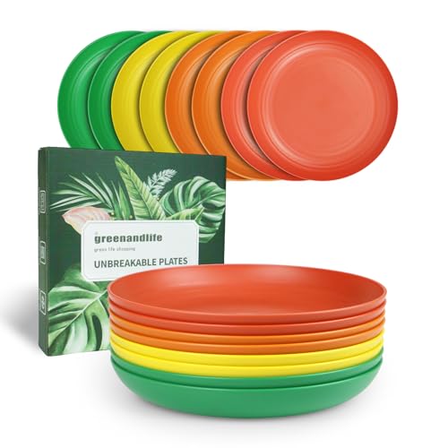 greenandlife 8 Pcs Dinner Plates, 10 Inch Plastic Reusable Plates, Dishwasher & Microwave Safe, Lightweight & Unbreakable, BPA Free for Kids & Adults