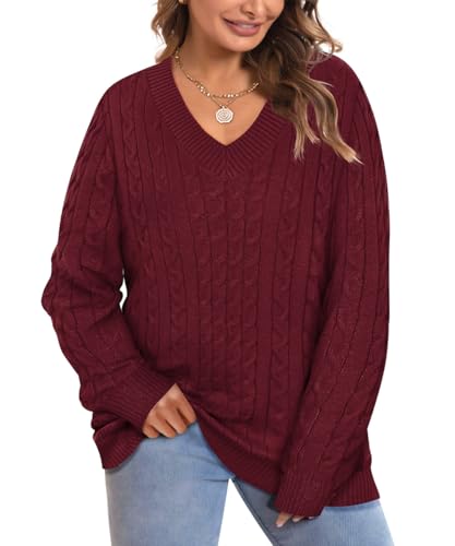 Image of CARCOS Plus Size Sweaters for Curvy Women Long Sleeve Cable V Neck Sweater Knit Pullover Preppy Style Fall Winter XL-5XL