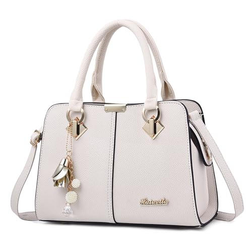 FOLOVEYA Bolsos de Mujer Moda Bolso de Mano Cuero PU con Colgante Elegante Bolso Bandolera Cruzado Bolso de Hombro Shopper para Trabajo Viajes Compras Blanco