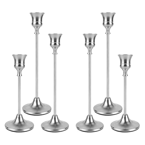 Filltown Kerzenständer Silber 6 Stück, Kerzenhalter Silber Candle Holder, Vintage Stabkerzenhalter Stabkerze für Kaminsimse, Geburtstage, Tischmitte, Hochzeiten, Abendessen, Wohnkultur