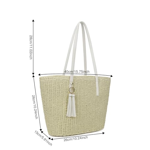 Image of Womens Large Straw Tote Bag Handmade Woven Shoulder Handbag Summer Beach Purse with Tassel