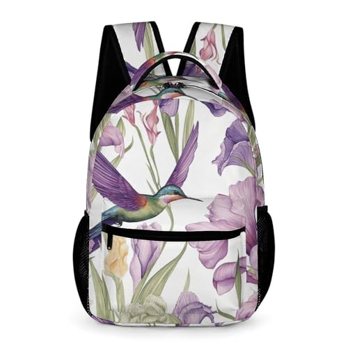 Hummingbirds Irises Flowers Backpack for Men Women, Durable Small Backpack Casual Lightweight Daypack for Travel Bag